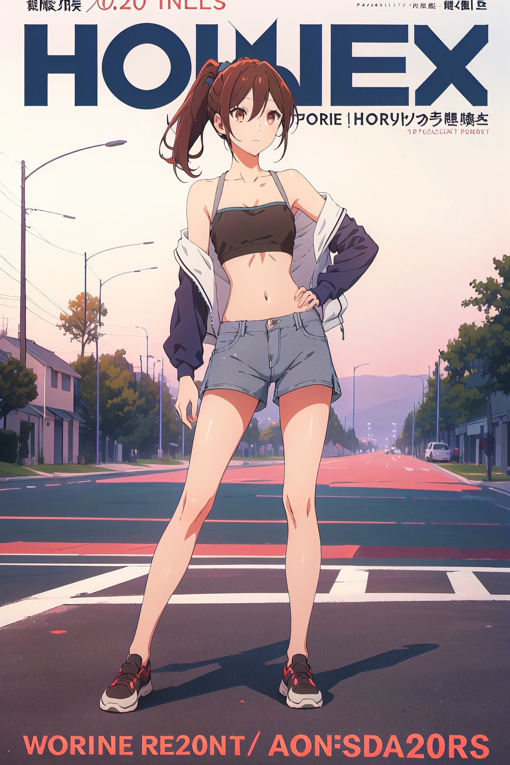 horimiya_hori,1girl ,brown eyes,30 years old,
ponytail,magazine cover,modeling pose, foreground,full_body,tube top, sports jacket, gray shorts jean