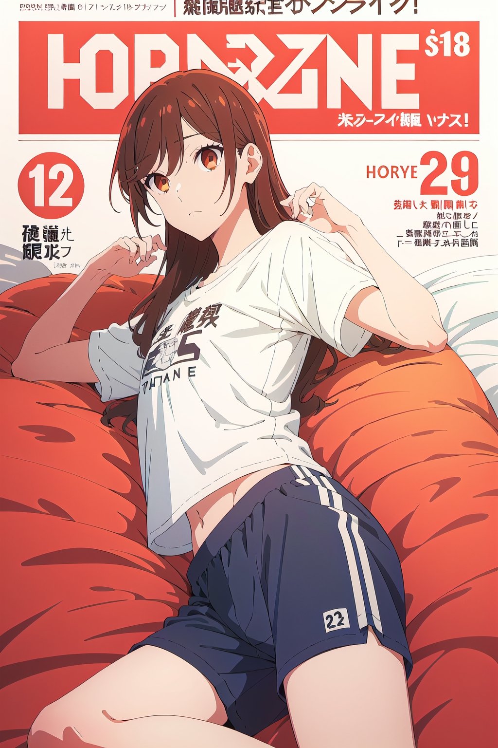 1girl,horimiya_hori, brown eyes,
vintage long hairstyle,magazine cover,modeling pose,lying face up, from_side, relax, sports t-shirt, sports shorts, looking_at_viewer