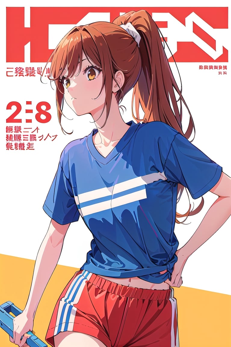 1girl,hori kyouko,25 years old,ponytail, sportswear, sport loose retro t-shirt, short,
looking_at_viewer,
serious, modeling pose, modeling,photostudio, ,magazine cover,
showing her outfit, 