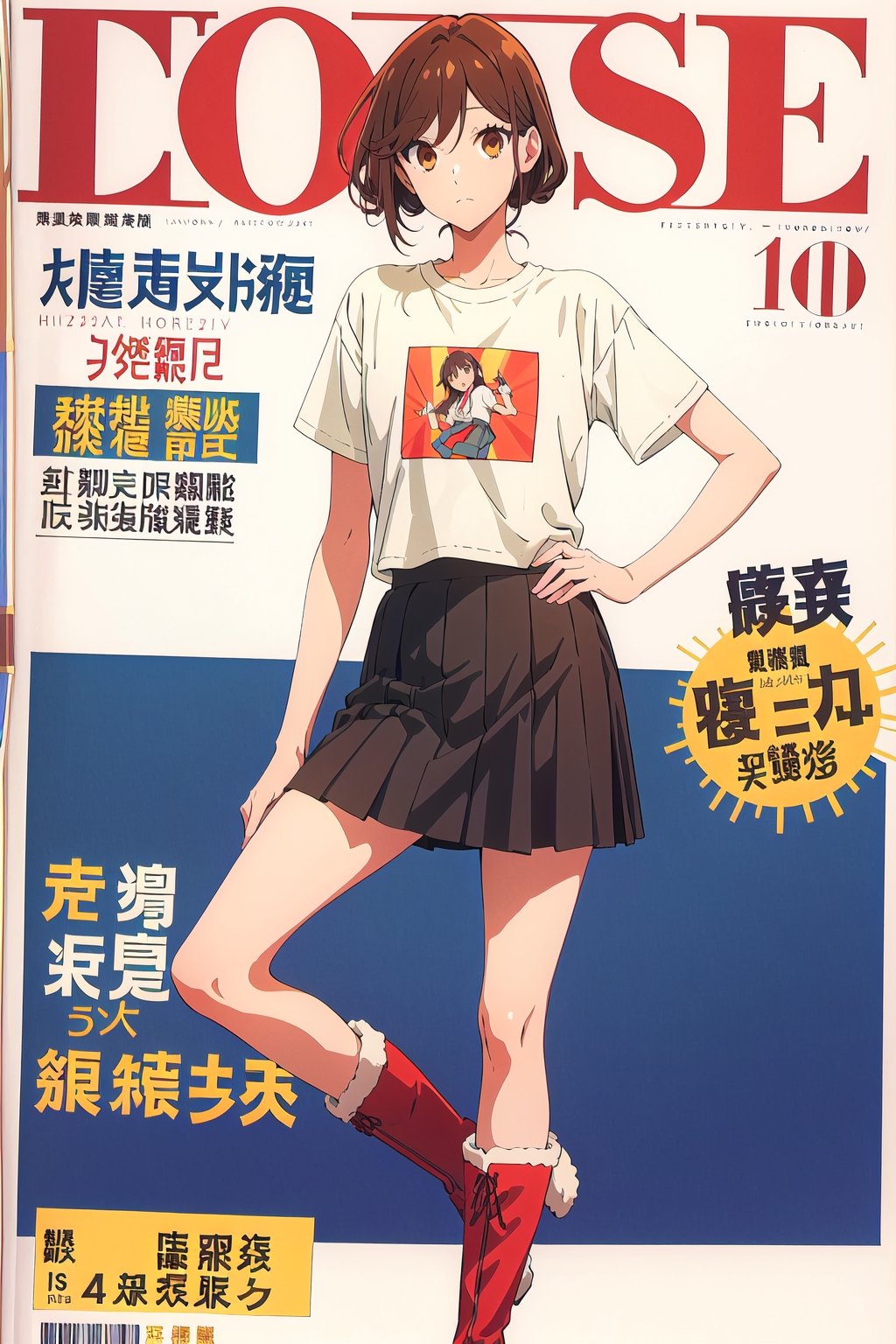 horimiya_hori,1girl ,brown eyes,
vintage hairstyle,magazine cover,modeling pose, foreground,tight t-shirt tucked into skirt,tight skirt,boots,leg warmers