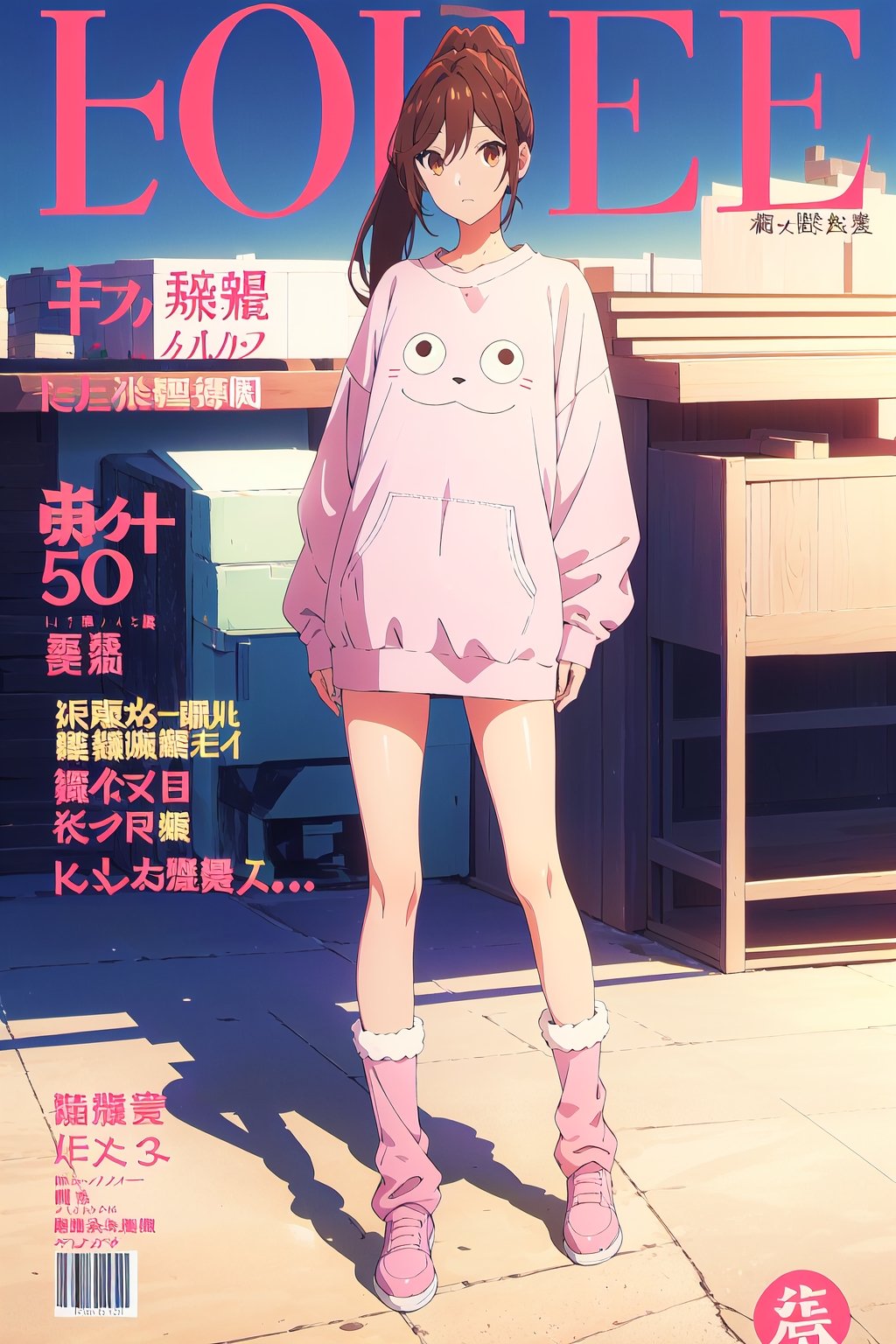 horimiya_hori,1girl ,brown eyes,30 years old,
ponytail,magazine cover,modeling pose, foreground,oversized sweatshirt, naked legs,knee high oversized leg warmers, standing, full_body