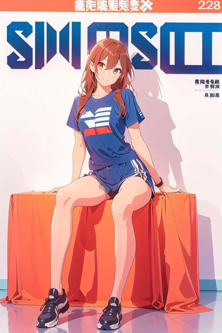 1girl,hori kyouko, full_body, sport t-shirt, sport short, 
looking_at_camera, sitting, smug, seductive look, modeling pose, modeling,photostudio, ,magazine cover