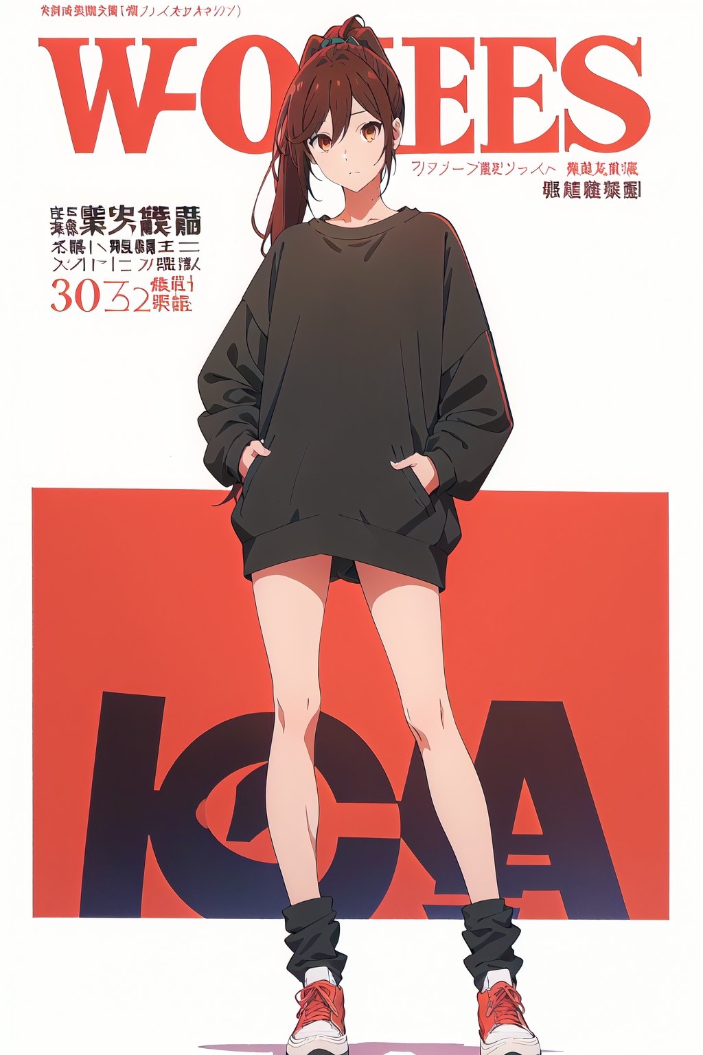 horimiya_hori,1girl ,brown eyes,30 years old,
ponytail,magazine cover,modeling pose, foreground,oversized sweatshirt, naked legs,knee high oversized leg warmers, standing, full_body, oversized sneakers