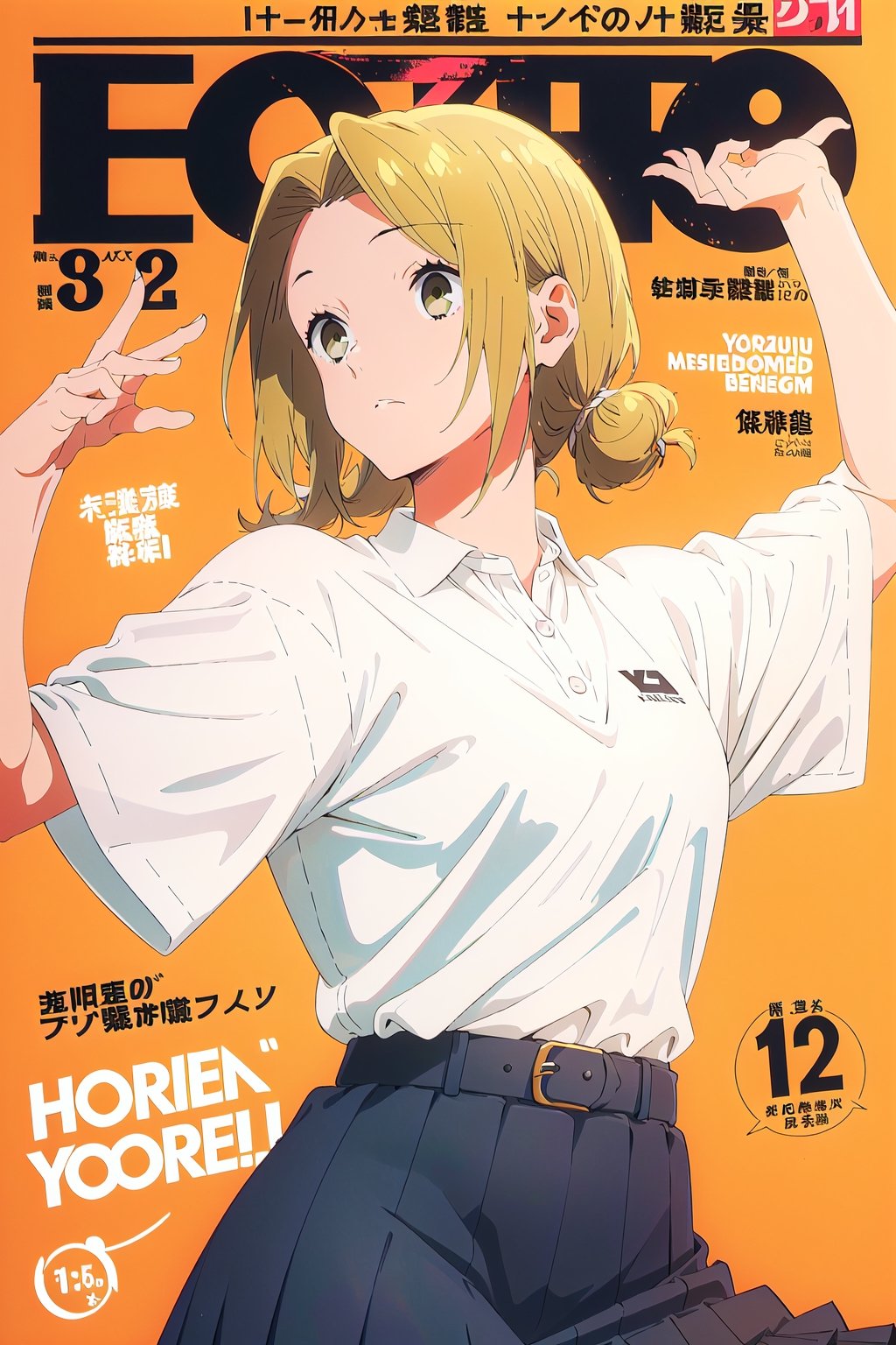 horimiya_yuki,1girl blonde hair,
vintage long hairstyle,magazine cover,modeling pose, vintage skirt, sports white polo shirt tucked into skirt, giant belt,foreground