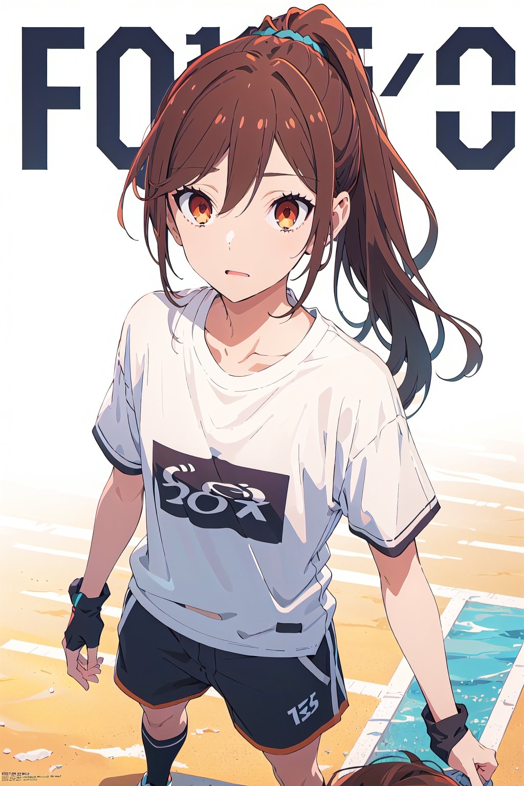 2000s fashion,horimiya_hori,1girl,20 years old,brown eyes,magazine cover,modeling pose, standing,foreground,dominant,pov_eye_contact,arm warmers,sports shorts, sports t-shirt,long_ponytail, white background, bare belly