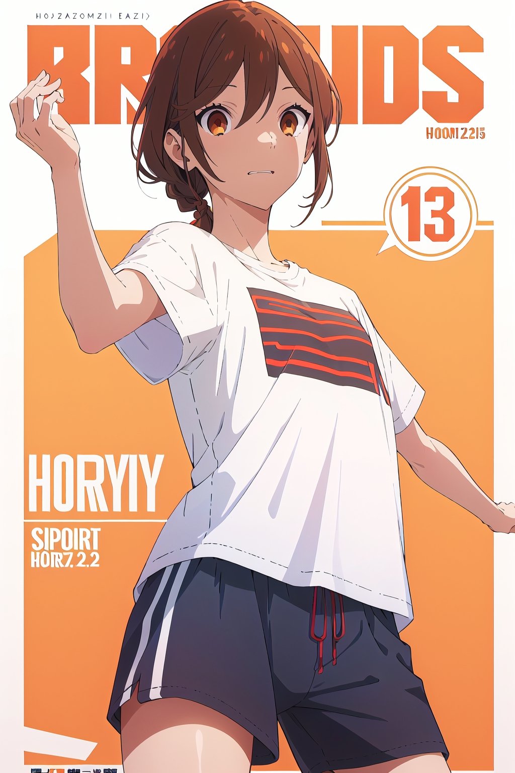 horimiya_hori,1girl ,brown eyes,
hairstyle with braidsmagazine cover,modeling pose, foreground,sports t-shirt,sports shorts,pov_eye_contact, front view,dominant