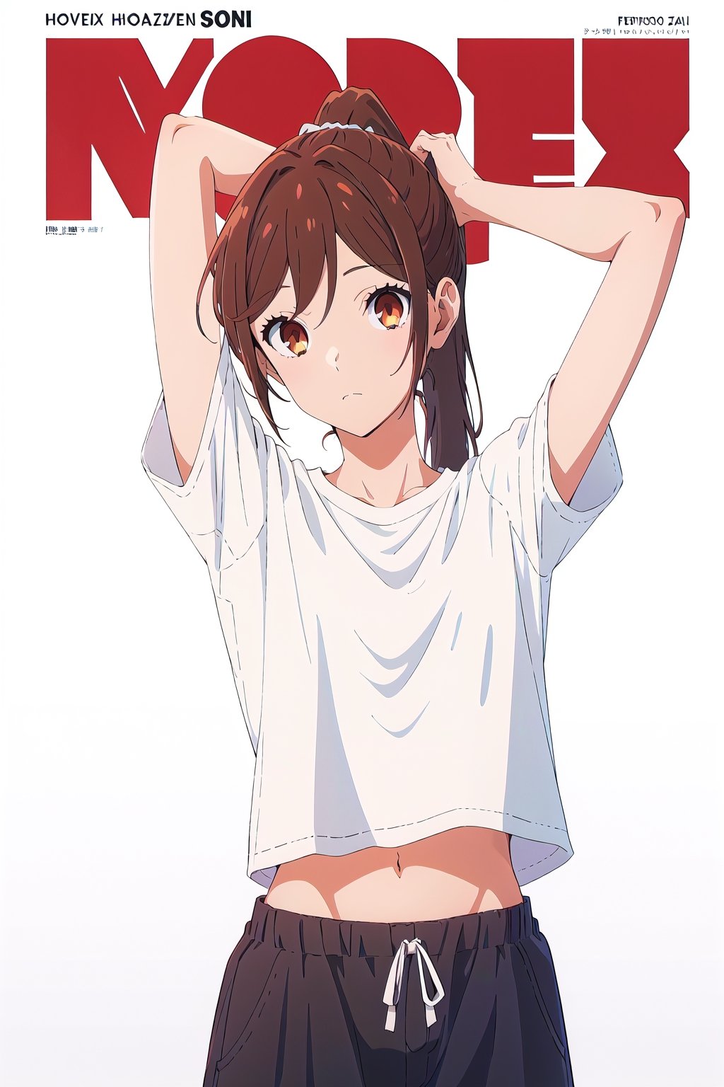 horimiya_hori,1girl ,brown eyes,
ponytail,magazine cover,modeling pose, foreground,pov_eye_contact,mature, 
standing,
tight fitting t-shirt size small, bare belly,retro baggy pants, white background,arms behind head