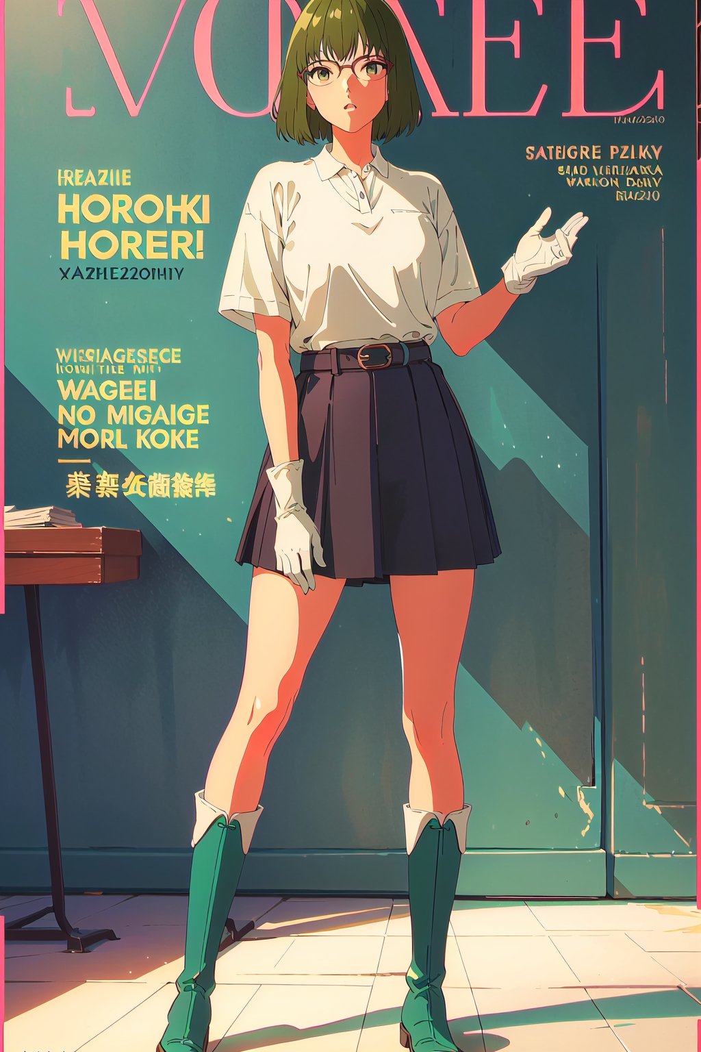 horimiya_sakura,1girl green hair,
vintage hairstyle,magazine cover,modeling pose, vintage skirt, sports white polo shirt tucked into skirt, giant belt,foreground,vintage glasses, vintage gloves,leg warmers,vintage boots