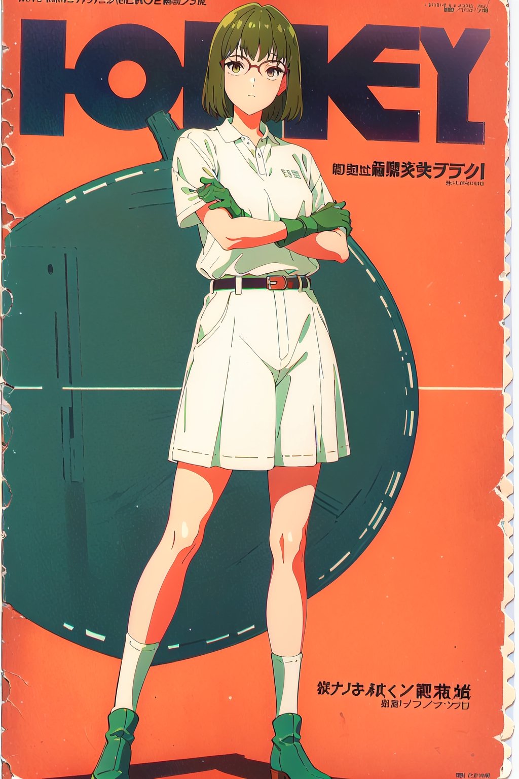 horimiya_sakura,1girl green hair,
vintage hairstyle,magazine cover,modeling pose, vintage skirt, sports white polo shirt tucked into skirt, giant belt,foreground,vintage glasses, vintage gloves,long socks,long leg warmers,vintage boots