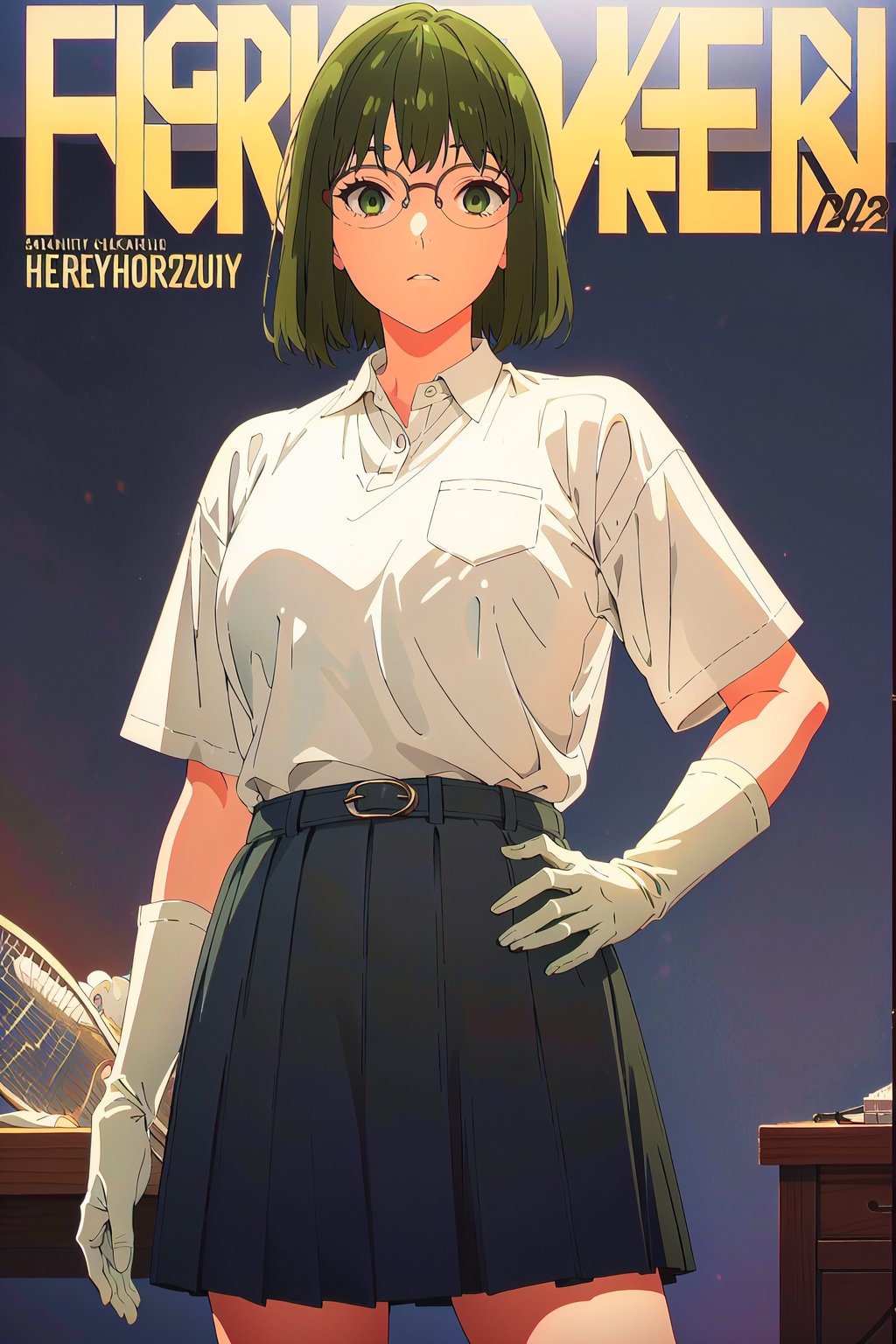 horimiya_sakura,1girl green hair,
vintage hairstyle,magazine cover,modeling pose, vintage skirt, sports white polo shirt tucked into skirt, giant belt,foreground,vintage glasses, vintage gloves