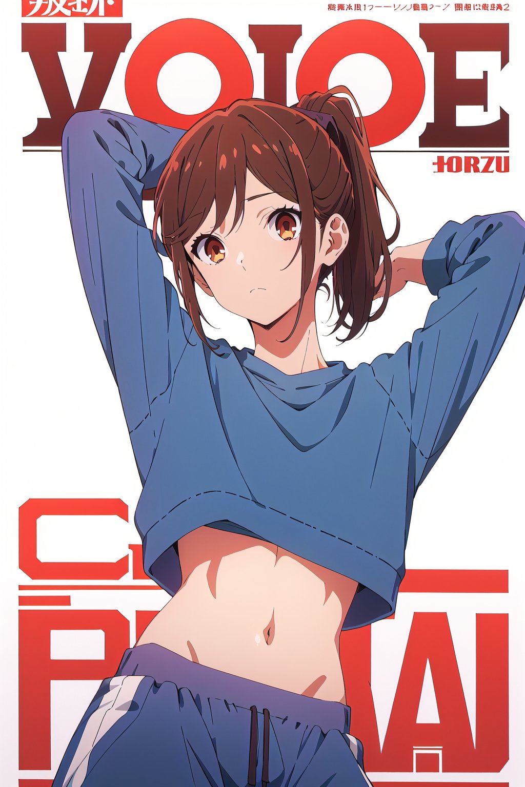 horimiya_hori,1girl ,brown eyes,
ponytail,magazine cover,modeling pose, foreground,pov_eye_contact,mature, 
standing,sport sweatshirt,bare belly,retro baggy pants, white background,arms behind head