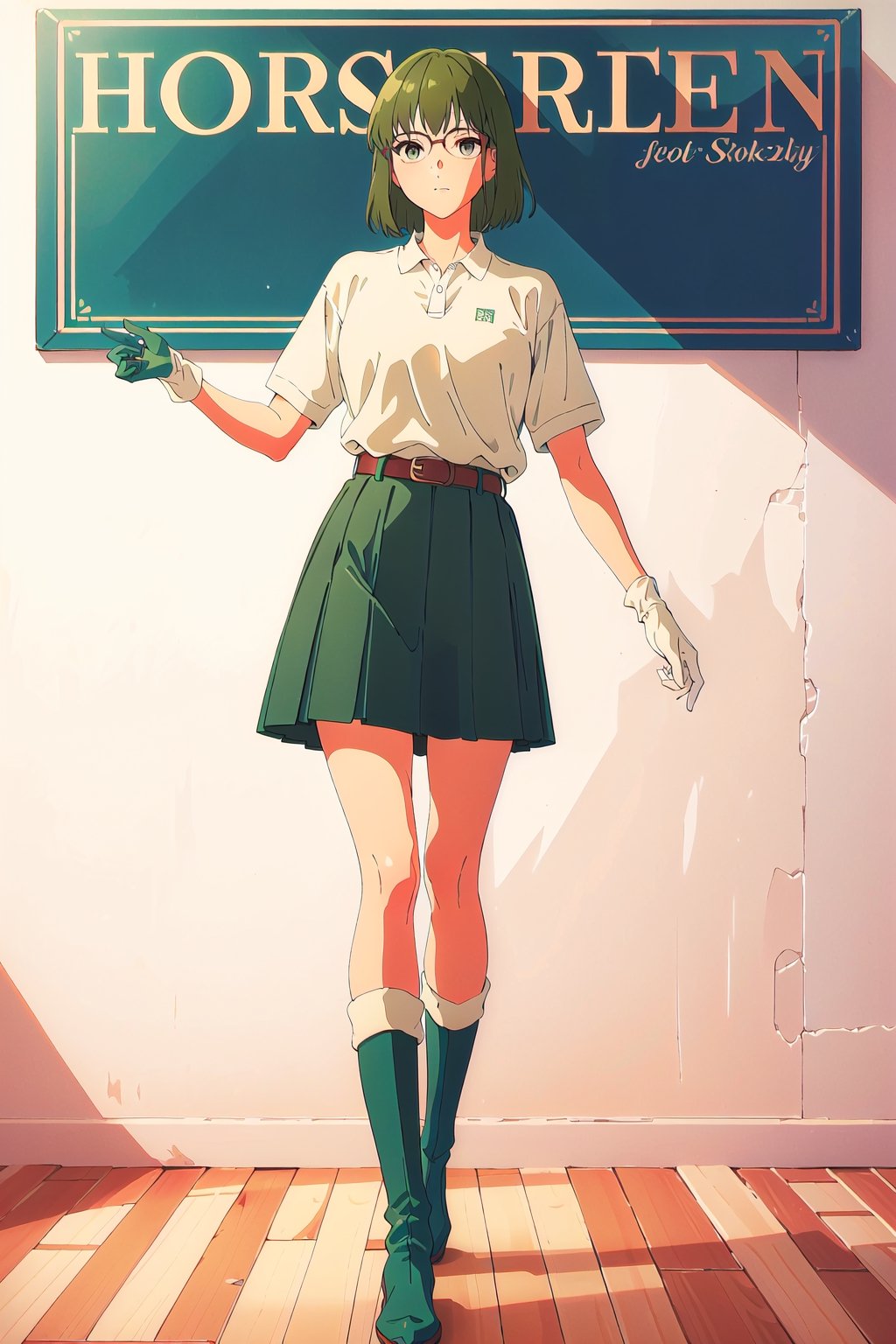 horimiya_sakura,1girl green hair,
vintage hairstyle,magazine cover,modeling pose, vintage skirt, sports white polo shirt tucked into skirt, giant belt,foreground,vintage glasses, vintage gloves,long leg warmers,vintage boots, long socks