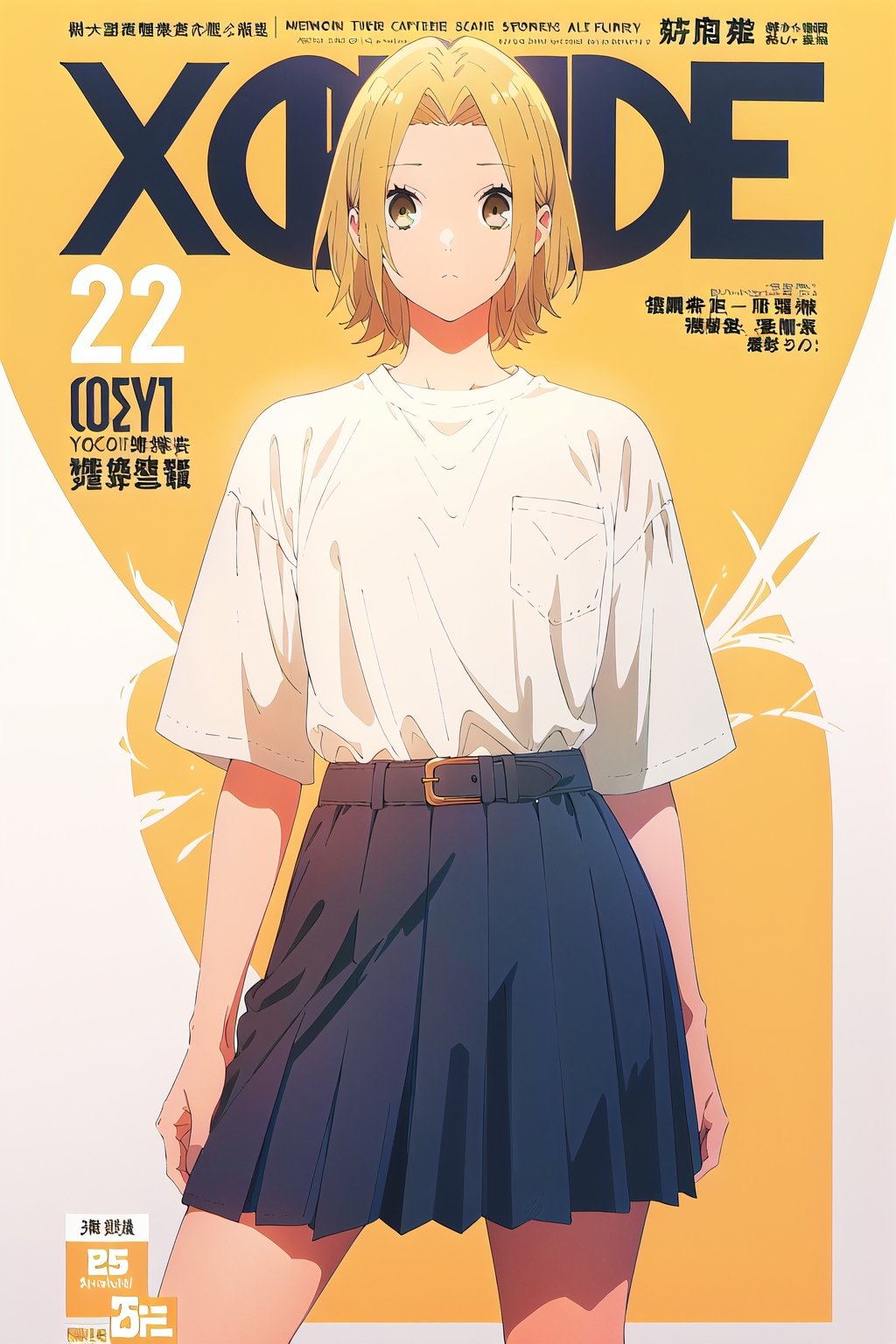 horimiya_yuki,1girl blonde hair,
vintage long hairstyle,magazine cover,modeling pose, vintage skirt, sports white shirt tucked into skirt, giant belt,
view from the hips up