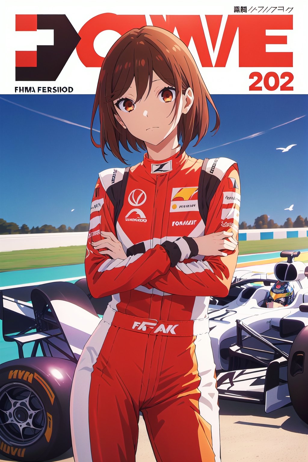 formula 1,horimiya_hori,1girl,20 years old,brown eyes,magazine cover,modeling pose, standing,foreground,dominant,pov_eye_contact, driver racing suit, formula 1 car, photoshoot, medium hair