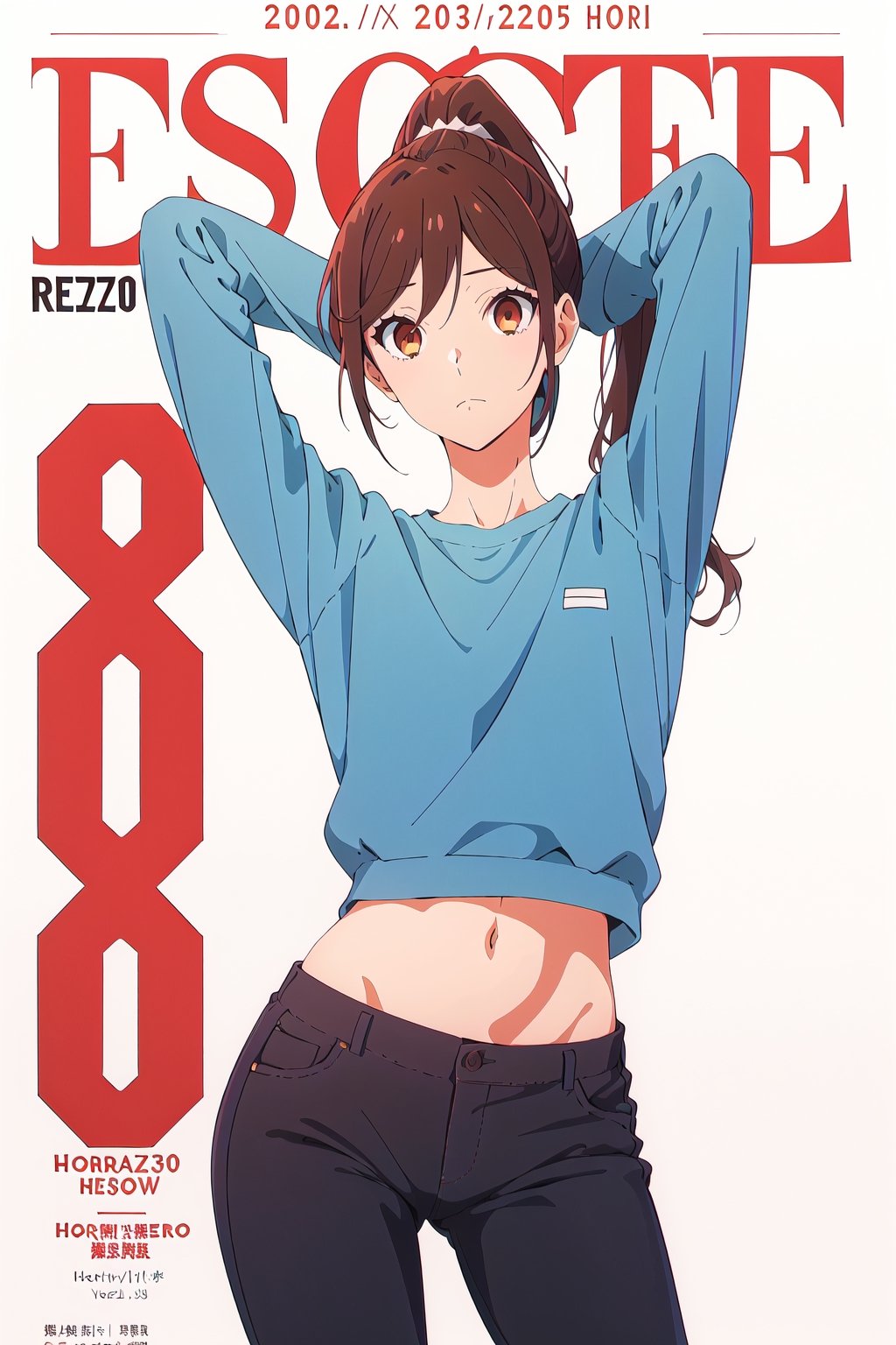 horimiya_hori,1girl ,brown eyes,30 years old,
ponytail,magazine cover,modeling pose, foreground,pov_eye_contact,mature, 
standing,sweatshirt,bare belly,tight retro pants, white background,arms behind head, sensual look