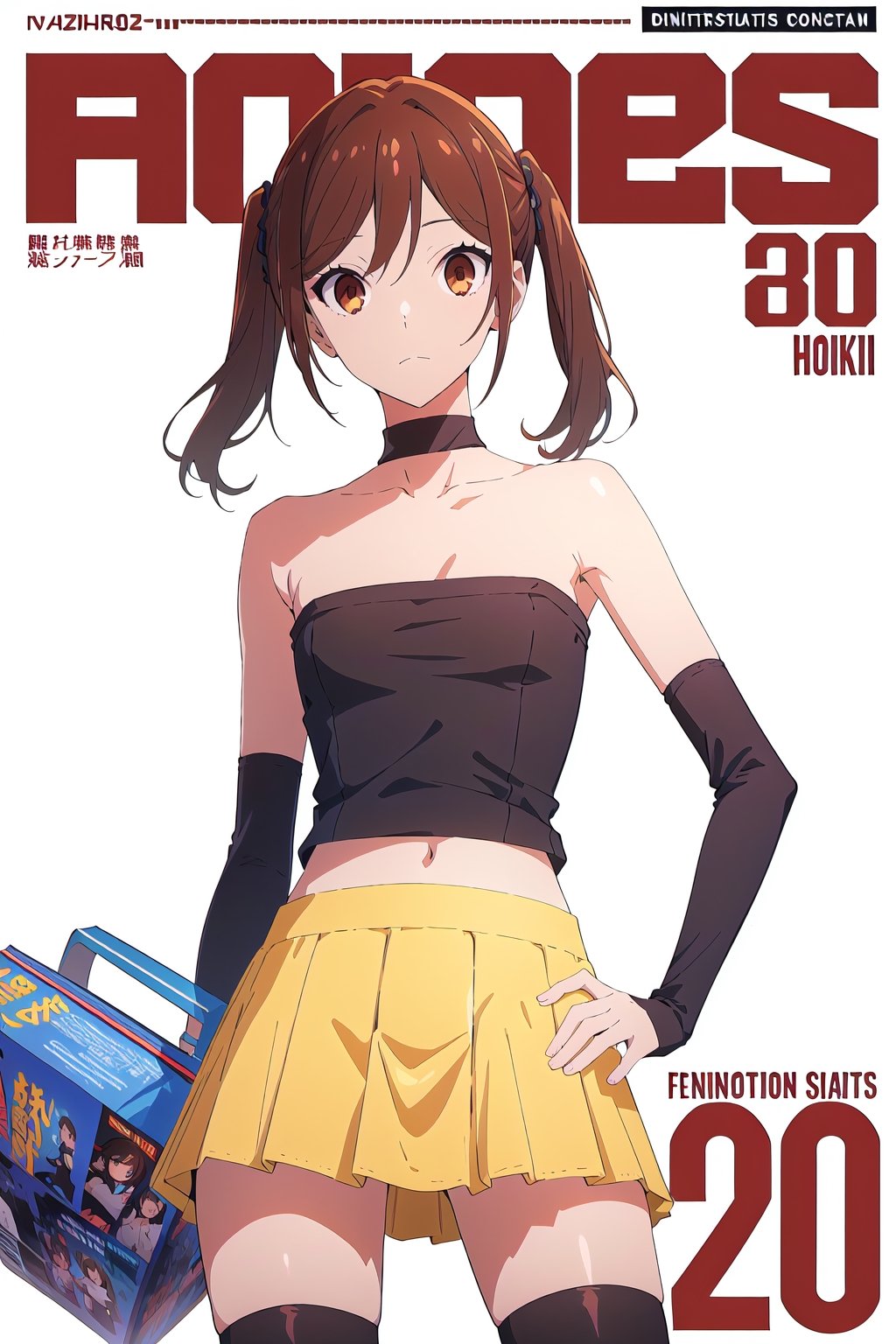 2000s fashion,horimiya_hori,1girl,20 years old,brown eyes,magazine cover,modeling pose, standing,foreground,dominant,pov_eye_contact,arm warmers,mini skirt, tube top,long pigtails, white background, thighs