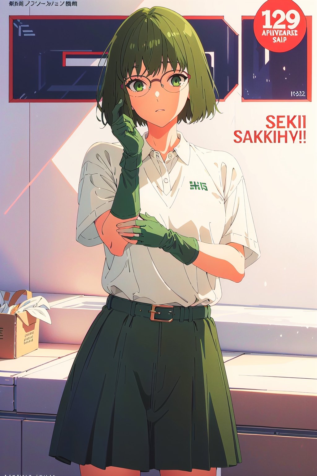 horimiya_sakura,1girl green hair,
vintage hairstyle,magazine cover,modeling pose, vintage skirt, sports white polo shirt tucked into skirt, giant belt,foreground,vintage glasses, vintage gloves