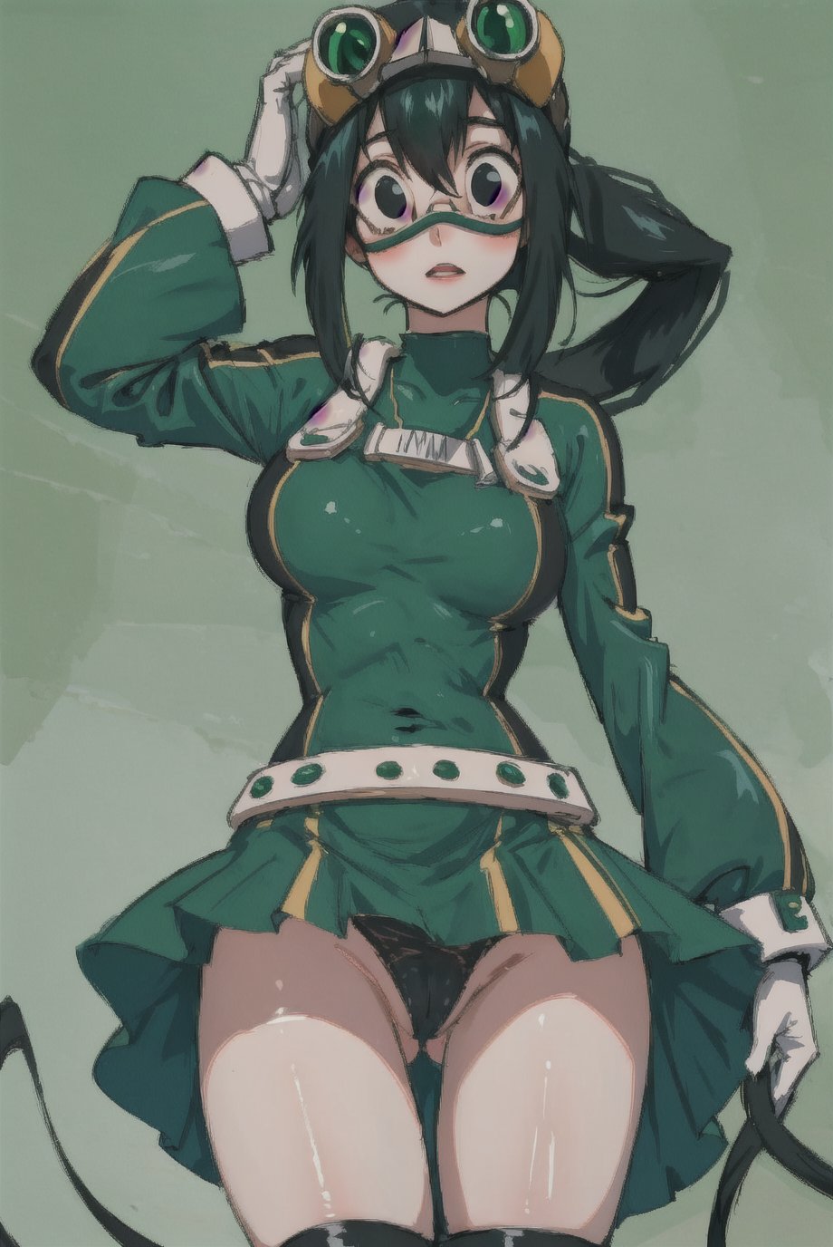 asui tsuyu, green jumpsuit, goggles, black eyes, long hair up, hair rings, white gloves, looking at viewer, medium breasts, medium waist with a miniskirt showing her panties