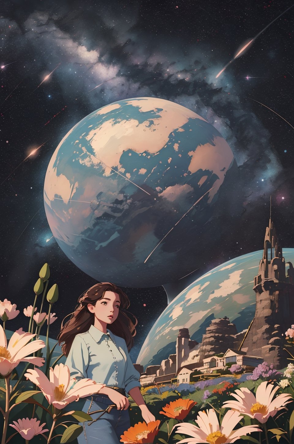 (high quality, masterpiece), eotw_lora, solo, 1girl, sexy, breast, (garden, flowers, grass), planet behind, space, starry sky,eotw_lora