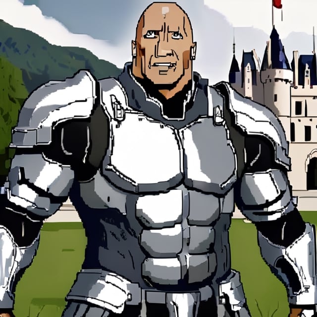 (high quality, masterpiece), (msasxl_lora), portrait of Dwayne Johnson, knight suit armor, castle background,SFW