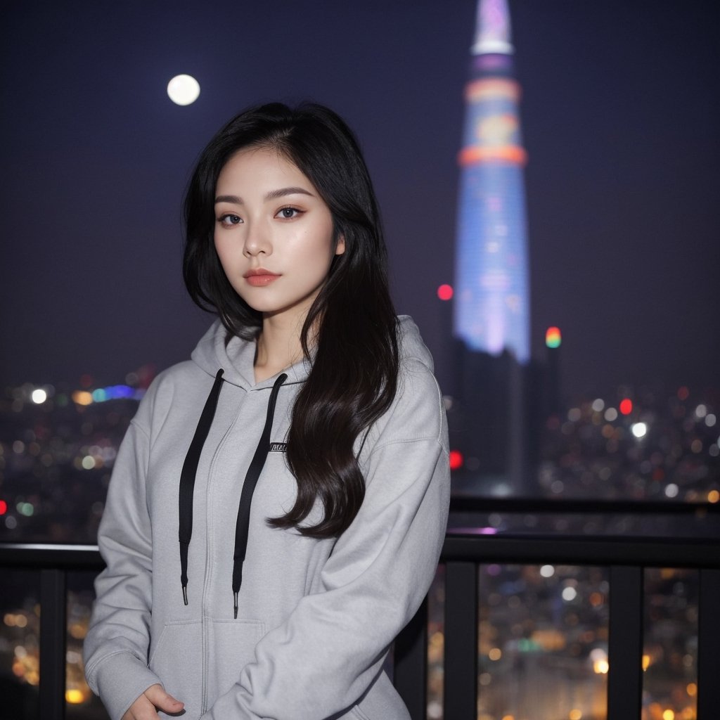 a perfect photo,sharp focus, of a beautiful (Asian korean woman), wearing hoodie , at the Lotte world tower, fullmoon background
