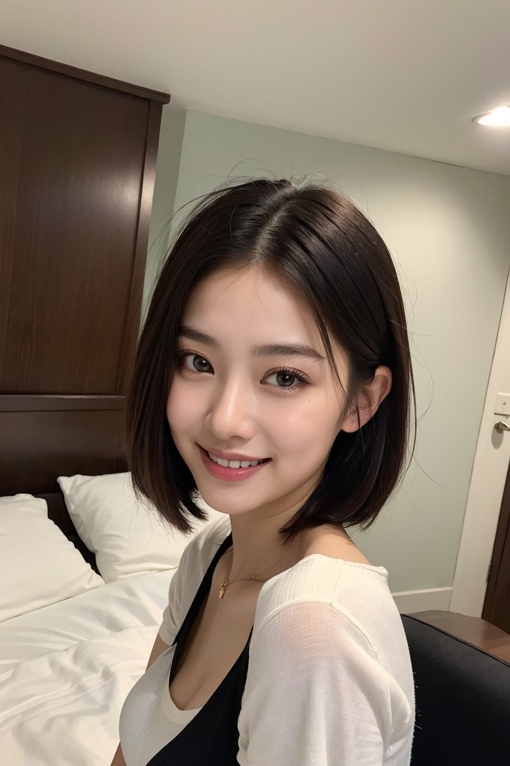 (8k,  best quality,  masterpiece,  ultra high res,  highly detail face:1.3),  portrait,  (20 years old girl:1.3),  beautiful,  kawaii,  (very wide shot :1.2),  (short hair :1.3),  dark hair,  ((bob)),  clothes,  from front,  (smile :1.2), sweat ,  (morning:1.3), on the bed,  jmf,  jml, 