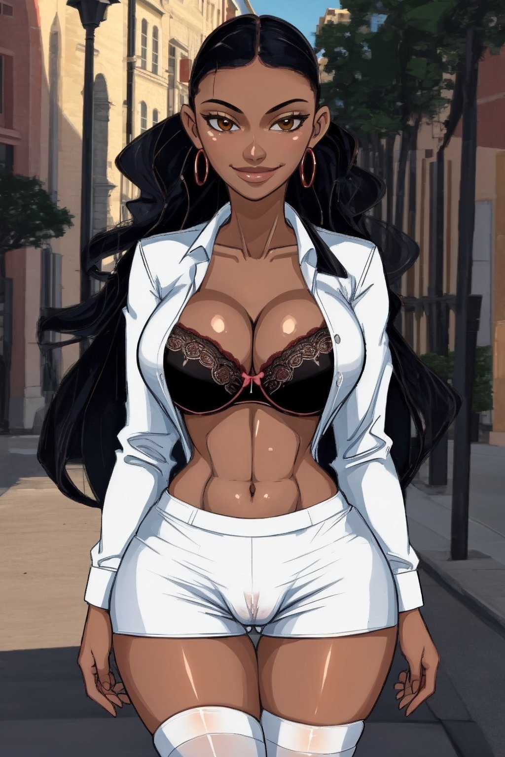 high quality:1.1), intricate details, cinematic lighting, 1girl, mature female, milf, solo, standing,masterpiece,detailed body, hourglass figure,best quality,kpmoniquev1, kpmoniquev1 ,shiny,school uniform, black bra, white shirt, open clothes, micro_shorts visible cameltoe, thighhighs,curvy, large breasts, cleavage, lace,outdoors, park, day,thigh gap,wide thigh gap,cowboy shot, solo, bright lighting, smirk, dark skin,mature_female, body facing viewer,looking_at_viewer,annpossible