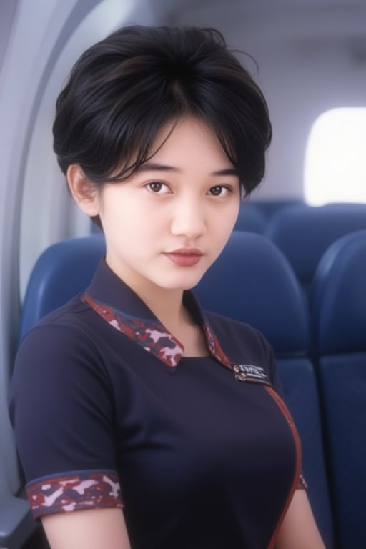 1girl, short hair, black hair, stewardess uniform, indoor airplane