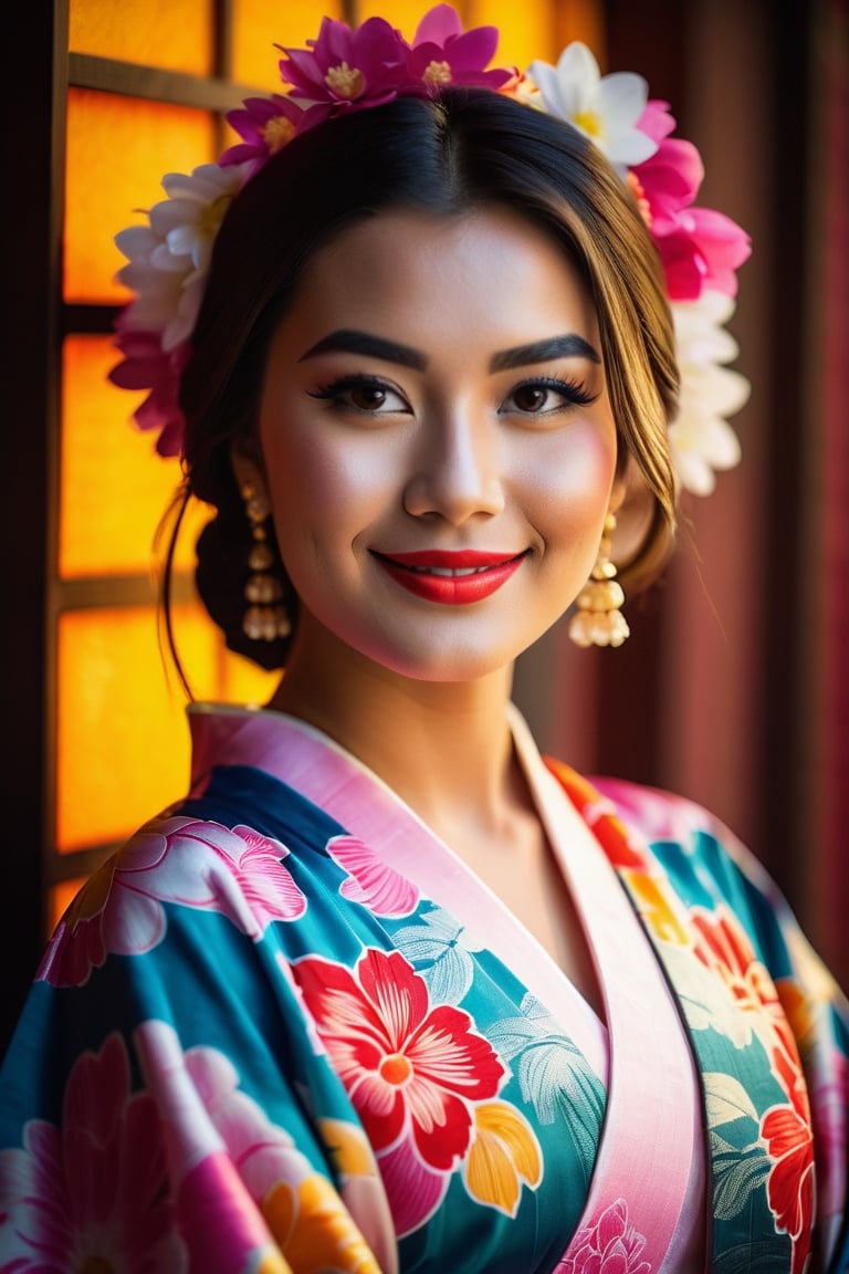 RAW photo, face portrait photo of beautiful 26 y.o woman, cute face, colorful formal kimono, happy face, hard shadows, cinematic shot, dramatic lighting, gigantic breast, flowers background