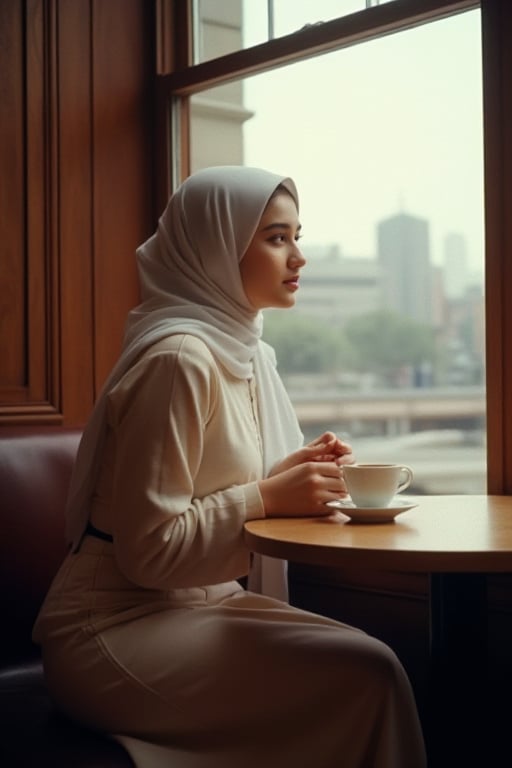 1girl, hijab, exuding elegance, sits poised in a cozy coffee café, surrounded by rich wood tones and soft lighting. She's dressed in exquisite traditional attire, her serene expression gazing thoughtfully out the window at the bustling cityscape or picturesque view beyond. Her cup of coffee rests delicate, nik3