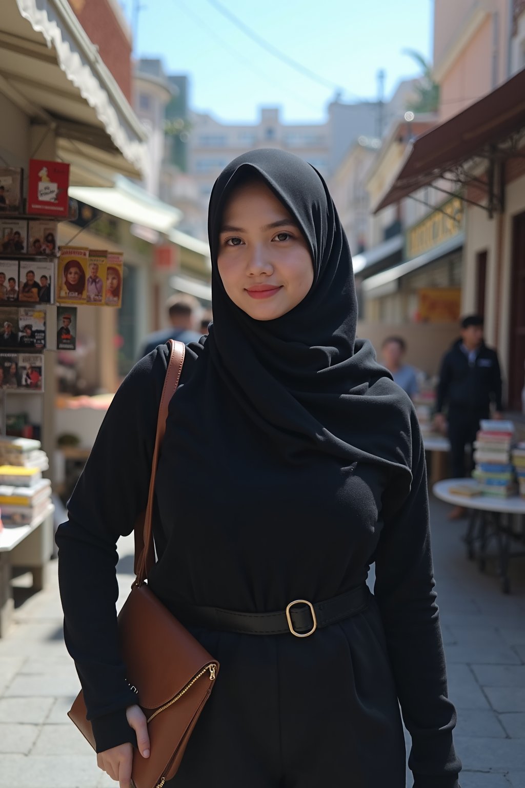 1girl,black hijab, full body shot, street town, books, clear sky, stores