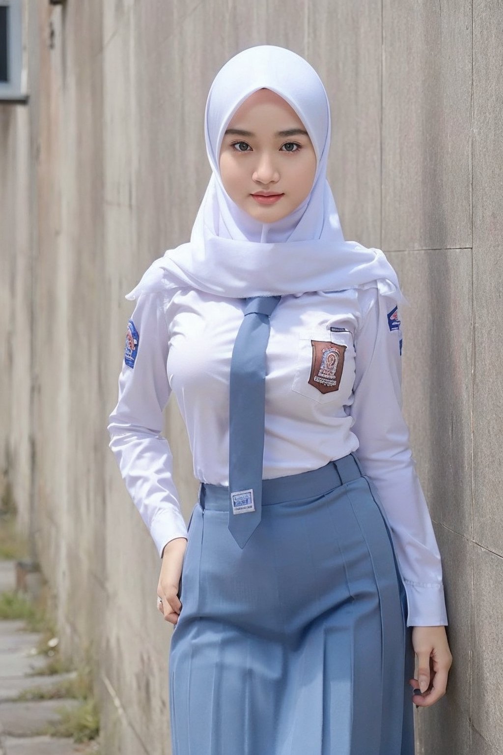 close up, white shirt, grey necktie, grey skirt ,8k, RAW photo, best quality, masterpiece:1.2), ultra detailed, ultra high res,at school,((medium breasts)),(white hijab)),(long shot), (classroom background) , 5_fignered, hands on hips, seductive_pose