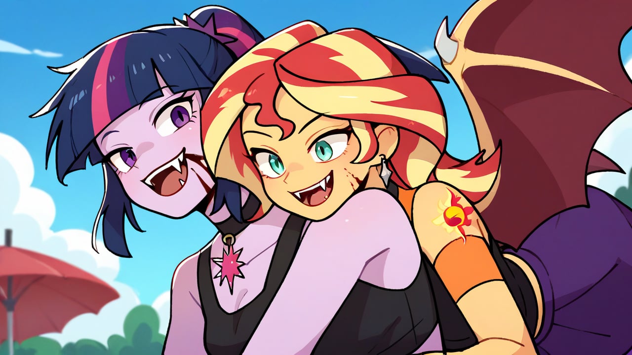 Prompt: Score_9, Score_8_up, Score_7_up, Score_6_up, Score_5_up, Score_4_up, source_cartoon, equestria girls,


vampire_twilight_sparkle_mlp, 
sunset_shimmer_mlp, 

long fangs, bloody bite marks on neck, 
duo,  jewelry, ear piercing, batwings, 
in the park, wearing a bikini top, bloody neck,  vampire_eyes, pale_skin, flying, 