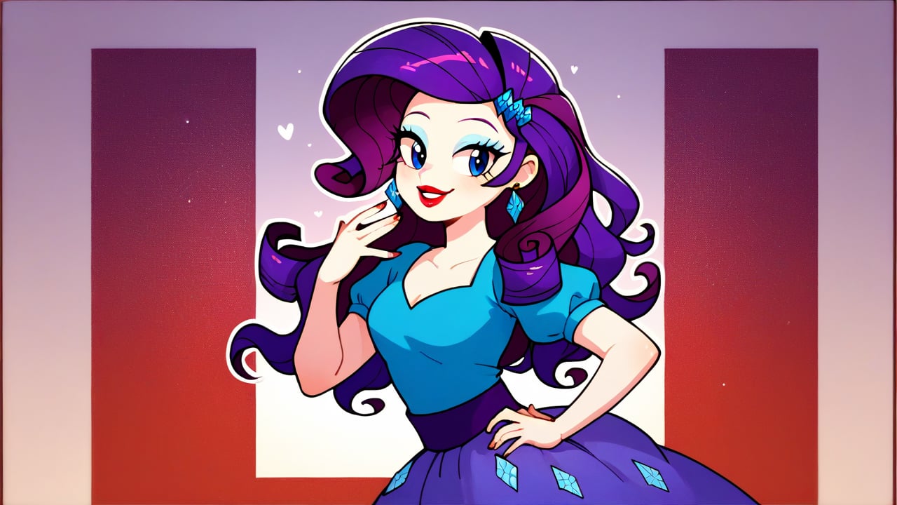 Prompt: Score_9, Score_8_up, Score_7_up, Score_6_up, Score_5_up, Score_4_up, source_cartoon, equestria girls,


rarity_mlp, 

rarity_mlp


1 woman,  mlp cartoon art.  red_Lipstick, lips, pony tail on ass, cute, happy, fully_clothed,  1-4th_body, standing,  ear_rings, twirling, dancing, facing front, wavy hair, 
catwalk, 
runway background, fashion gallery, fancy dresses, glamour, brat, cute, 

