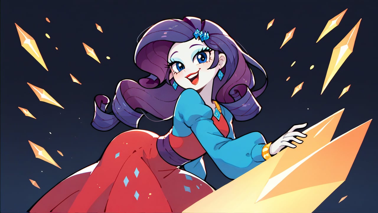 Prompt: Score_9, Score_8_up, Score_7_up, Score_6_up, Score_5_up, Score_4_up, source_cartoon, equestria girls,


rarity_mlp, 

rarity_mlp


1 woman,  mlp cartoon art.  red_Lipstick, lips, pony tail on ass, cute, happy, fully_clothed,  face shot,  standing,  ear_rings, twirling, dancing, facing front, wavy hair, crystal dress, 