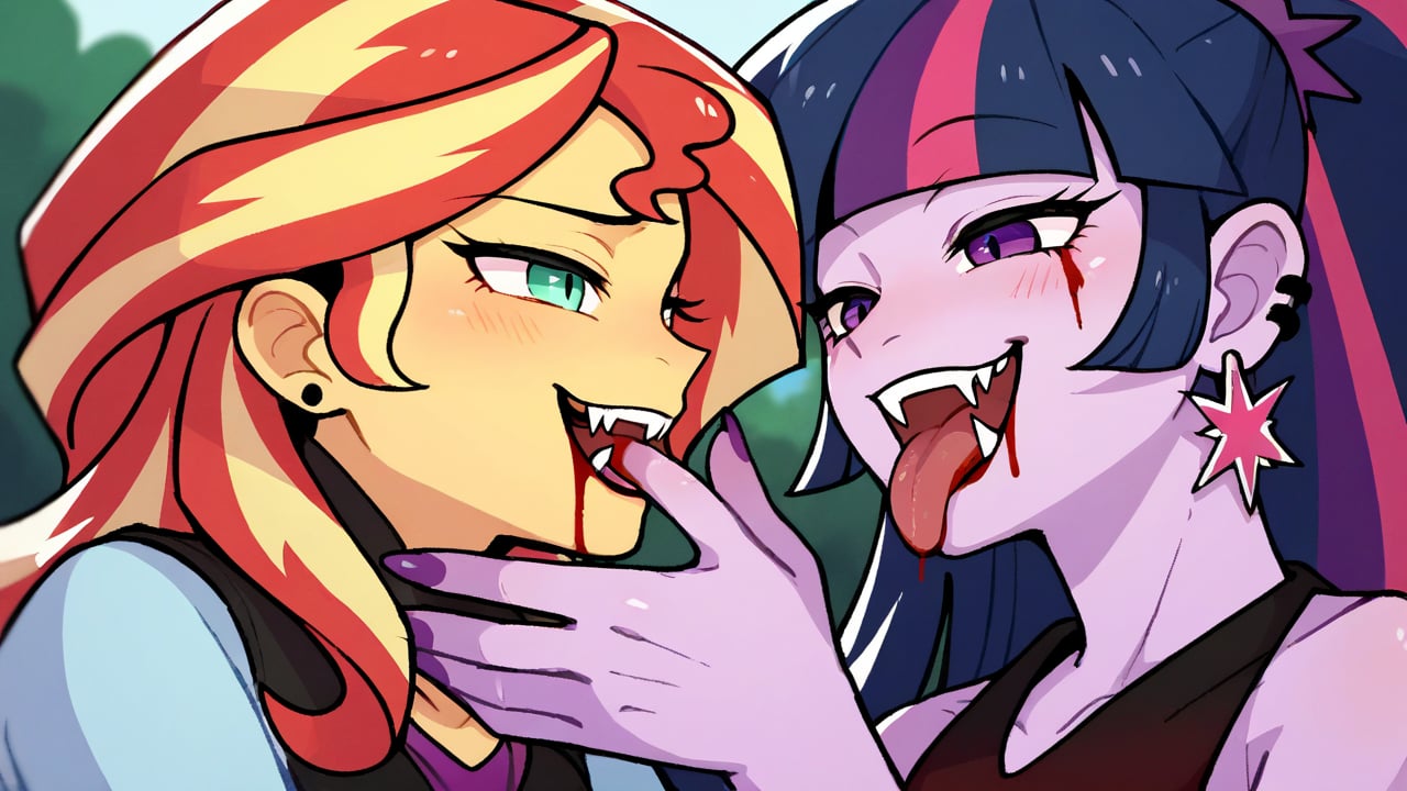 Prompt: Score_9, Score_8_up, Score_7_up, Score_6_up, Score_5_up, Score_4_up, source_cartoon, equestria girls,


vampire_twilight_sparkle_mlp, 
sunset_shimmer_mlp, 

long fangs, bloody bite marks on neck, 
duo,  jewelry, ear piercing, upclose_shot,

in the park, wearing a bikini top, bloody neck, vampire_bite, vampire_eyes, pale_skin, 