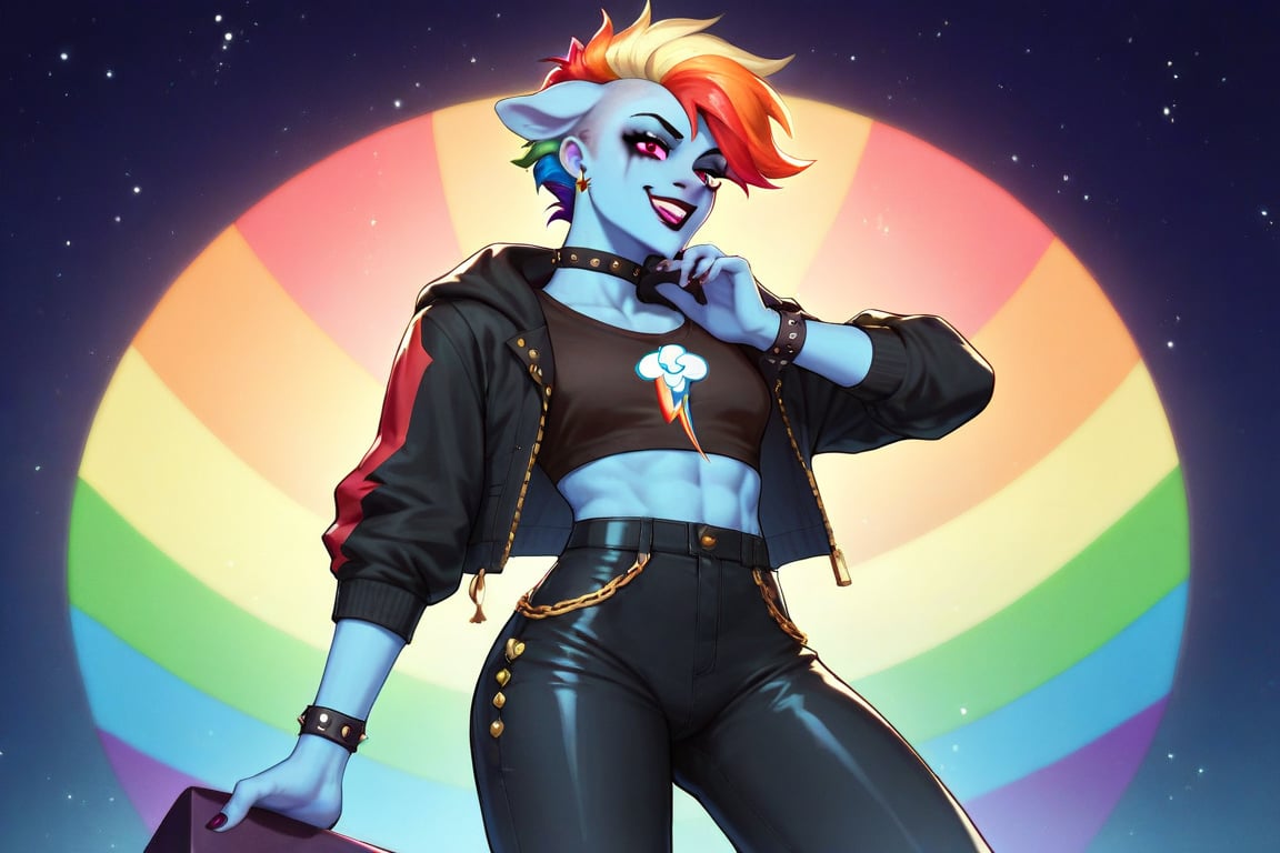 Prompt: Score_9, Score_8_up, Score_7_up, Score_6_up, Score_5_up, Score_4_up, source_cartoon, my little pony  , starry_background, Rainbow dash as a dazzling,  evil wicked Rainbow dash,  MLP, two human girl. Punk clothing.  mlp cartoon art.  pony ears, bright eye makeup looks.  Black clothes, Be1nn1e, black_Lipstick, lips, Standing on a music stage, growling face, blue skin, high_resolution