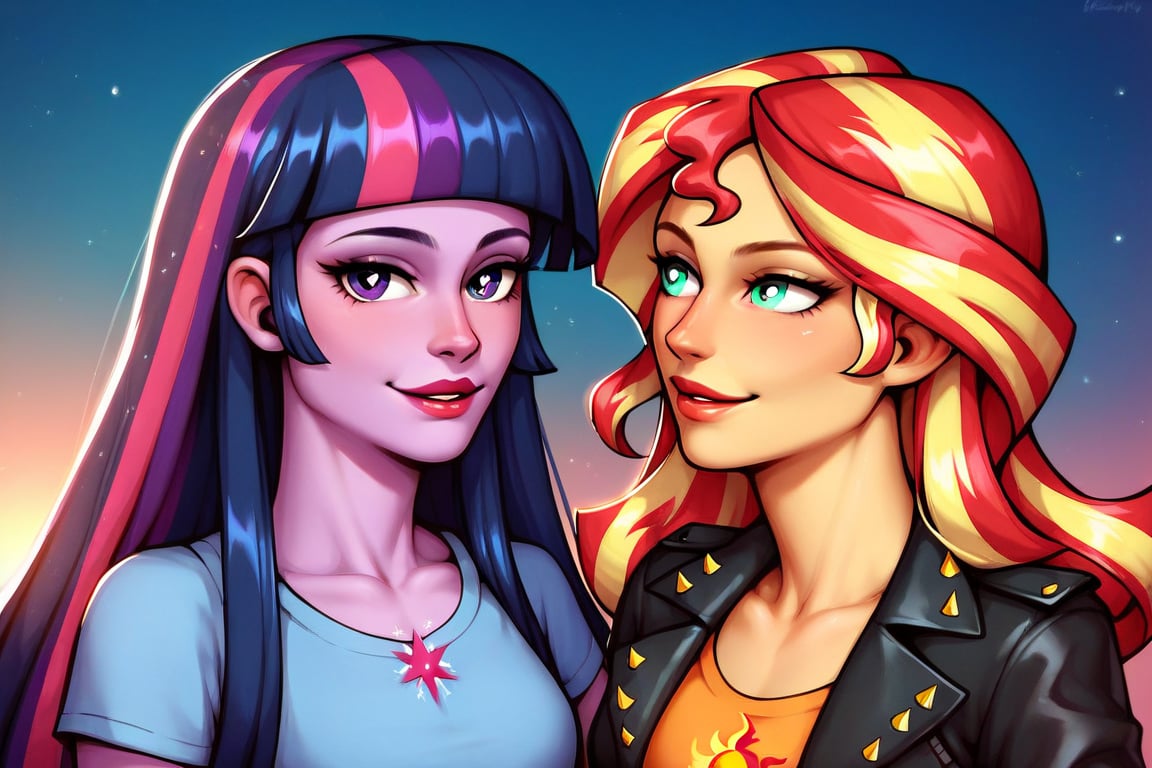 Prompt: Score_9, Score_8_up, Score_7_up, Score_6_up, Score_5_up, Score_4_up, source_cartoon, equestria girls,


Sunset_Shimmer_MLP,
Twilight_sparkle_MLP,

two human women,  mlp cartoon art.   black_Lipstick, lips,  face shot,  two female, two human woman, high_resolution,  red_heart-shaped_pupils