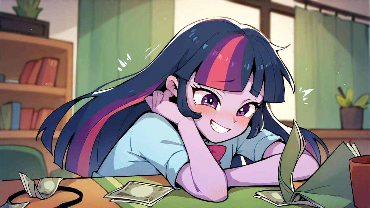 Prompt: Score_9, Score_8_up, Score_7_up, Score_6_up, Score_5_up, Score_4_up, source_cartoon, equestria girls,


twilight sparkle_mlp, 

thrusting money out