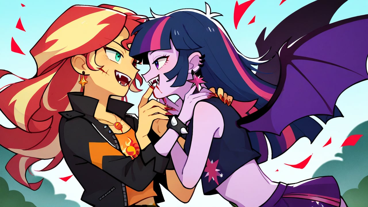 Prompt: Score_9, Score_8_up, Score_7_up, Score_6_up, Score_5_up, Score_4_up, source_cartoon, equestria girls,


vampire_twilight_sparkle_mlp, 
sunset_shimmer_mlp, 

long fangs, bloody bite marks on neck, 
duo,  jewelry, ear piercing, batwings, 
in the park, wearing a bikini top, bloody neck,  vampire_eyes, pale_skin, flying, evil looks, eyes_squinted, hissing, 