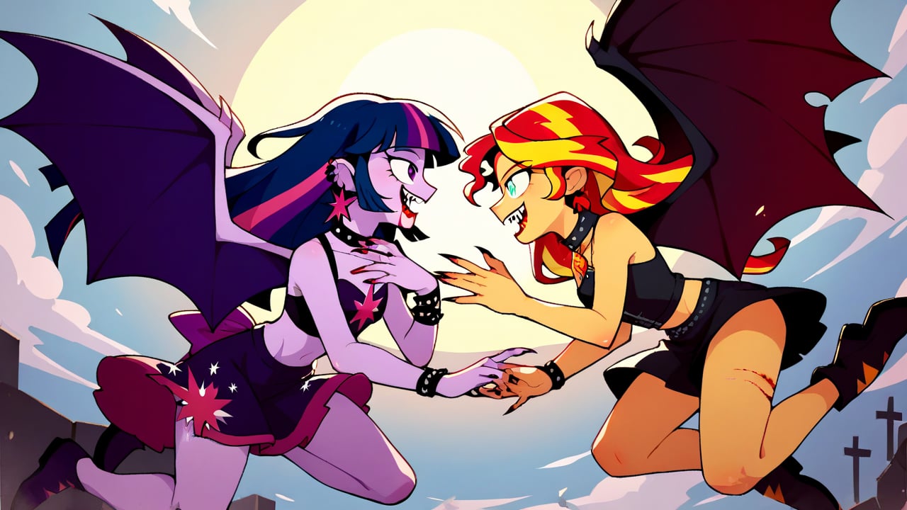 Prompt: Score_9, Score_8_up, Score_7_up, Score_6_up, Score_5_up, Score_4_up, source_cartoon, equestria girls,


vampire_twilight_sparkle_mlp, 
sunset_shimmer_mlp, 

long fangs, bloody bite marks on neck, 
duo,  jewelry, ear piercing, batwings, 
in the graveyard, wearing a bikini top, bloody neck,  vampire_eyes, pale_skin, flying, evil looks, eyes_squinted, hissing, nighttime, two females, 