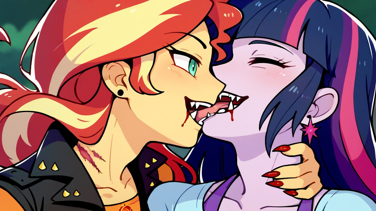 Prompt: Score_9, Score_8_up, Score_7_up, Score_6_up, Score_5_up, Score_4_up, source_cartoon, equestria girls,


vampire_twilight_sparkle_mlp, 
sunset_shimmer_mlp, 

long fangs, bloody bite marks on neck, 
duo,  jewelry, ear piercing, upclose_shot,

in the park, wearing a bikini top, bloody neck, vampire_bite, vampire_eyes, pale_skin, biting neck, 