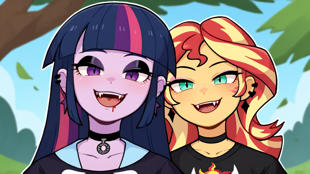 Prompt: Score_9, Score_8_up, Score_7_up, Score_6_up, Score_5_up, Score_4_up, source_cartoon, equestria girls,


vampire_twilight_sparkle_mlp, 
sunset_shimmer_mlp, 

long fangs, bloody bite marks on neck, 
duo,  jewelry, ear piercing, purple miniskirt, animal print shirt, makeup, thighhighs, eyeshadow, upclose_shot,

in the park, goth, hip hop, swirling, twirling, 