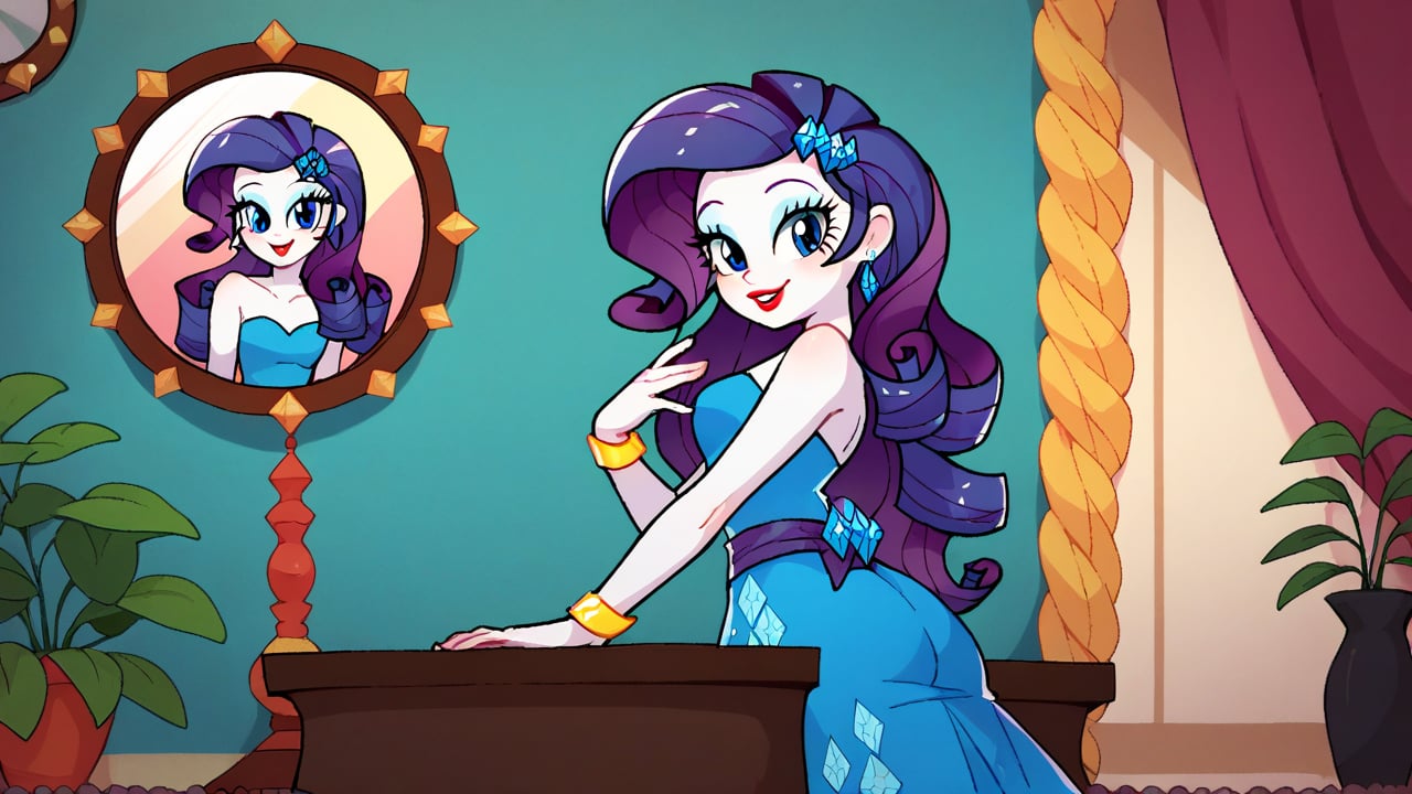 Prompt: Score_9, Score_8_up, Score_7_up, Score_6_up, Score_5_up, Score_4_up, source_cartoon, equestria girls,


rarity_mlp, 

rarity_mlp


1 woman,  mlp cartoon art.  red_Lipstick, lips, pony tail on ass, cute, happy, fully_clothed,  1-4th_body, standing, in front of mirror, ear_rings, twirling, dancing, facing front, wavy hair, 

runway background, fashion gallery, fancy dresses, glamour, brat, cute, 

