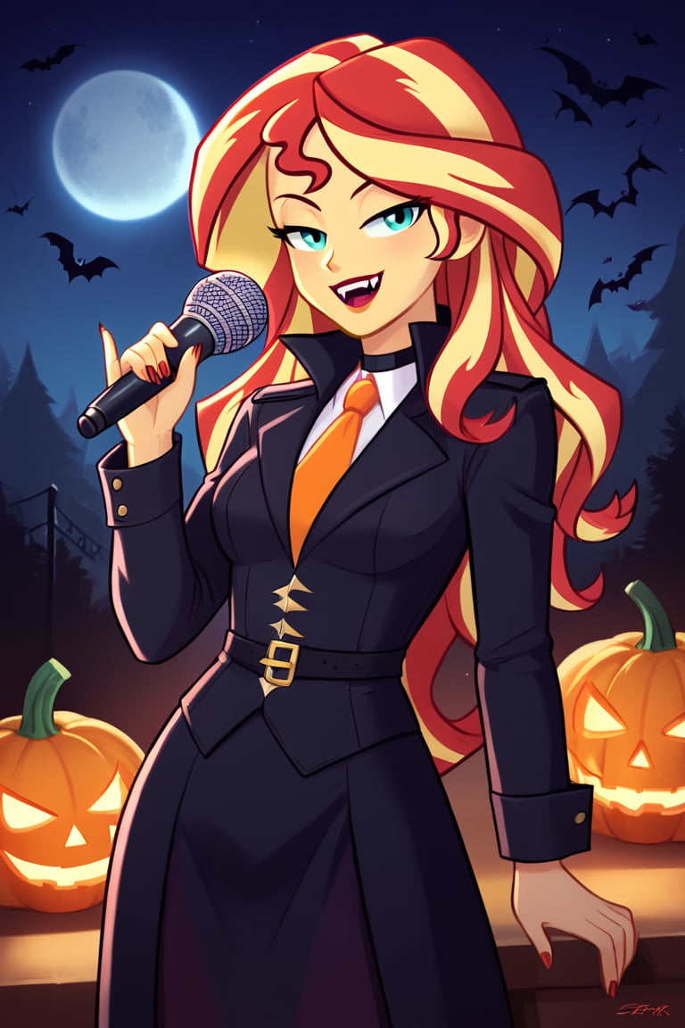  by scorpdk, scorpdk, score_9, score_8_up, score_7_up, score_6_up, score_5_up, score_4_up, source_furry, source_pony,  pony my little pony, equestria girls, 

solo, 1woman
nice red lips, 
(human witch outfit sunset shimmer mlp, )

evil laughter, bedroom eyes, 
singing, microphone, musical notes, 

vampire teeth



Halloween party background, 
pumpkins, witches, black cats, bats, 