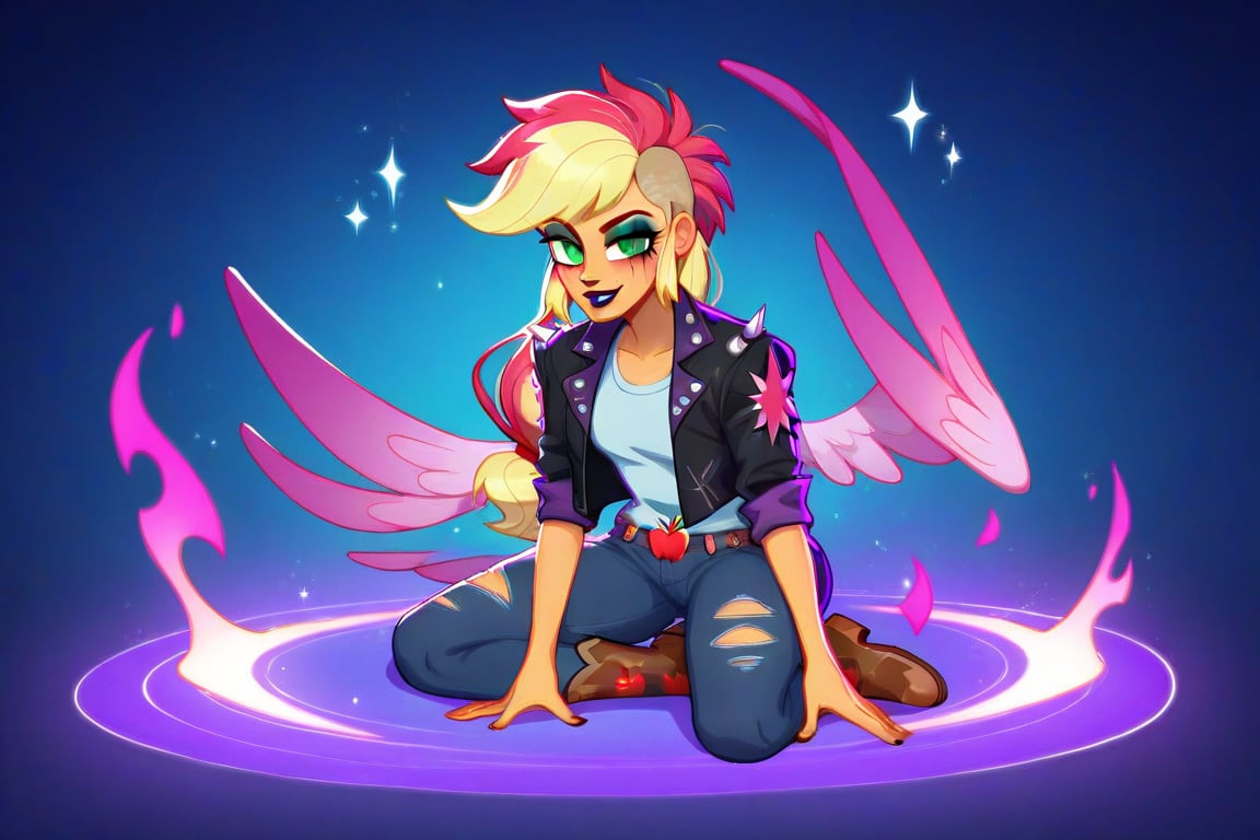 Prompt: Score_9, Score_8_up, Score_7_up, Score_6_up, Score_5_up, Score_4_up, source_cartoon, equestria girls, starry_background, evil, Midnight_applejack_(mlp),  Punk clothing.  mlp cartoon art.  bright eye makeup looks.  Black clothes, Be1nn1e, black_Lipstick, lips, pony tail, full_body, twilight sparkle has purple and pink striped hair.  Glowing Aura flames, hovering, human, batwings, SSJ,  frowning,    