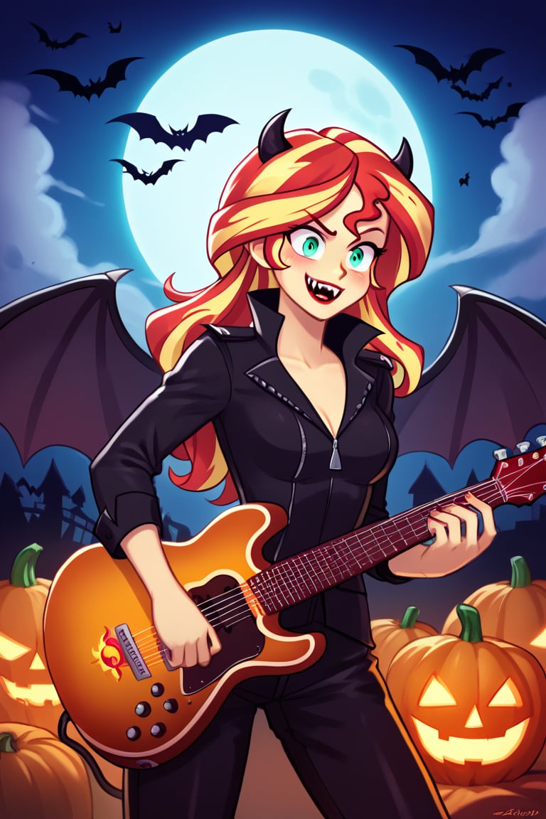  by scorpdk, scorpdk, score_9, score_8_up, score_7_up, score_6_up, score_5_up, score_4_up, source_furry, source_pony,  pony my little pony, equestria girls, 

solo, 1woman
nice red lips, 
(human witch outfit sunset shimmer mlp, )

playing guitar, musical notes, vampire teeth,  batwings, devil horns, 
evil face, 


ghosts, scared, 

Halloween party background, 
pumpkins, witches, black cats, bats, 