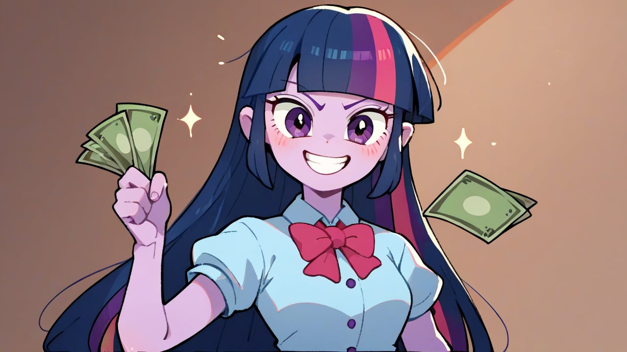 Prompt: Score_9, Score_8_up, Score_7_up, Score_6_up, Score_5_up, Score_4_up, source_cartoon, equestria girls,


twilight sparkle_mlp, 

money in fist, holding money out, facing forward, saying "Take my money!" 