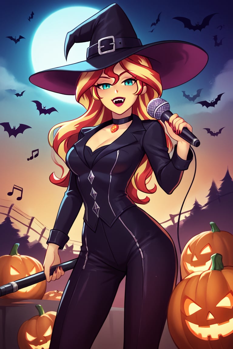  by scorpdk, scorpdk, score_9, score_8_up, score_7_up, score_6_up, score_5_up, score_4_up, source_furry, source_pony,  pony my little pony, equestria girls, 

solo, 1woman
nice red lips, 
(human witch outfit sunset shimmer mlp, )

evil laughter, bedroom eyes, 
singing, microphone, musical notes, 

vampire teeth



Halloween party background, 
pumpkins, witches, black cats, bats, 