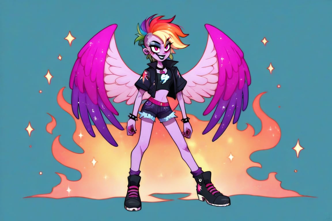 Prompt: Score_9, Score_8_up, Score_7_up, Score_6_up, Score_5_up, Score_4_up, source_cartoon, equestria girls, starry_background, evil, Midnight_rainbow_dash_(mlp),  Punk clothing.  mlp cartoon art.  bright eye makeup looks.  Black clothes, Be1nn1e, black_Lipstick, lips, pony tail, full_body, twilight sparkle has purple and pink striped hair.  Glowing Aura flames, hovering, human, batwings, SSJ,   